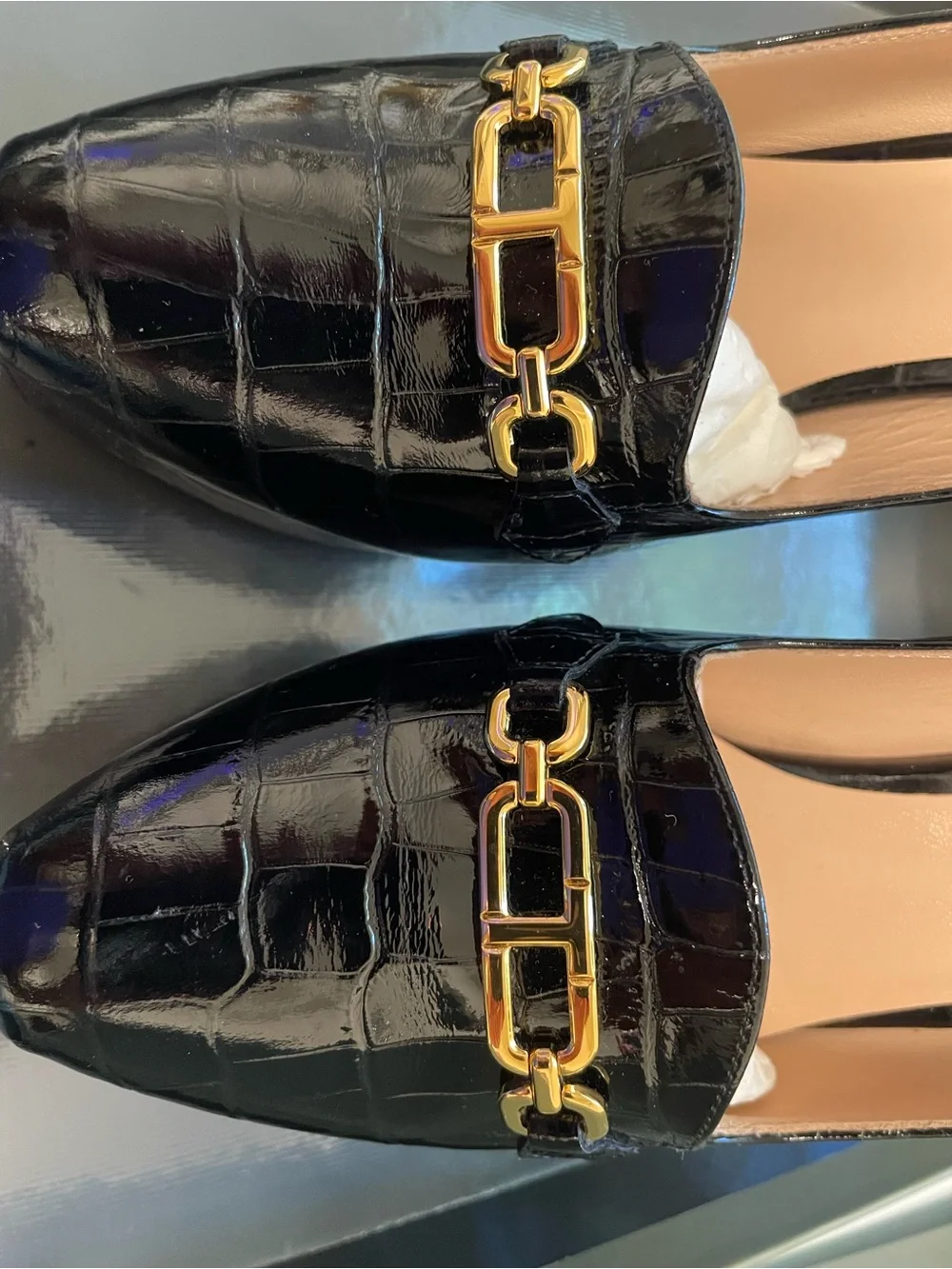 Tom Ford Black Patent Croc-Embossed Platform Heels with Gold Chain Detail